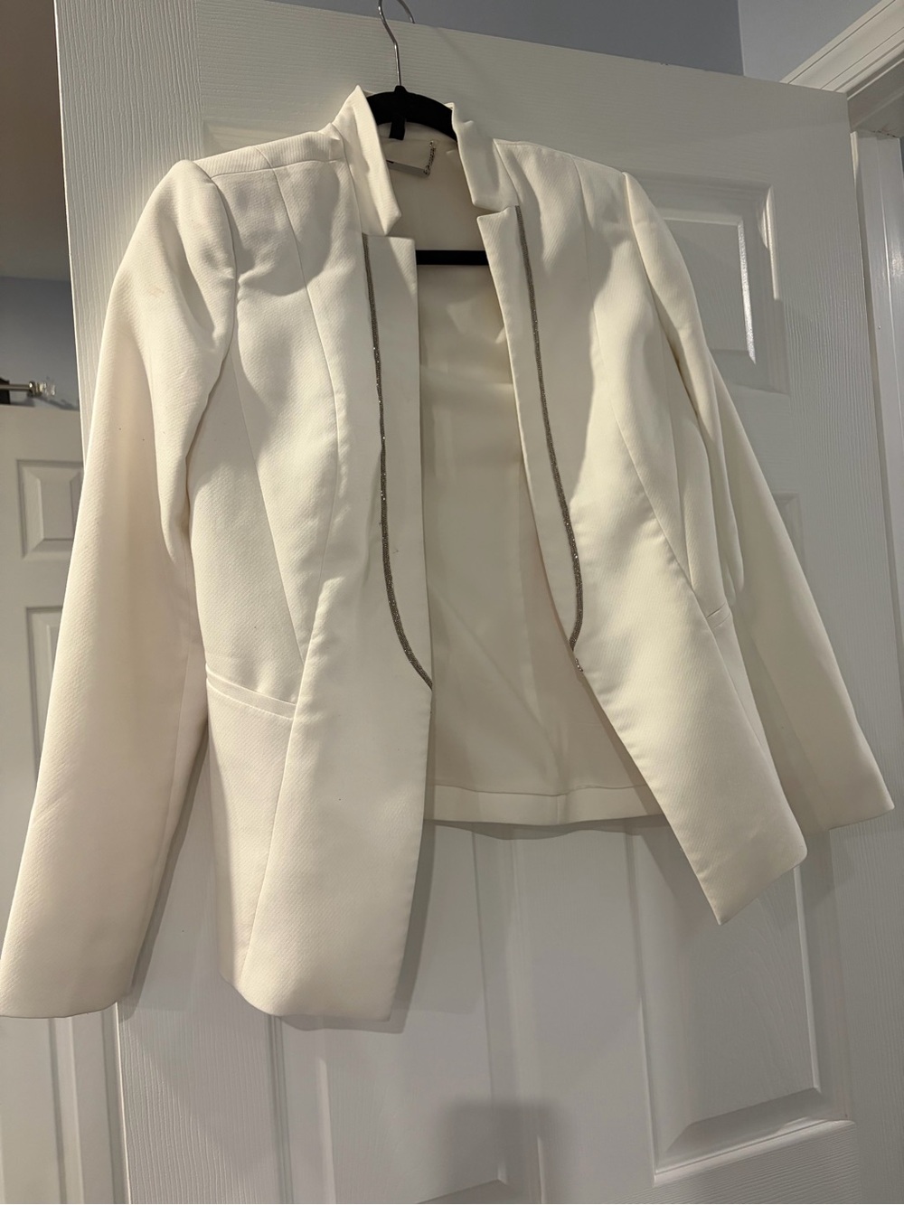 White House Black Market Cream Open-Front Blazer with Metallic Trim
